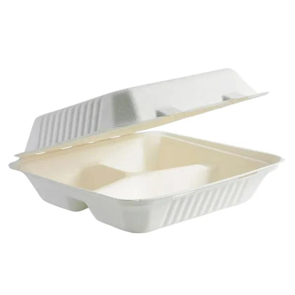 23x23x8cm/9x9x3" 3-Compartment White Sugarcane Clamshell 200pcs