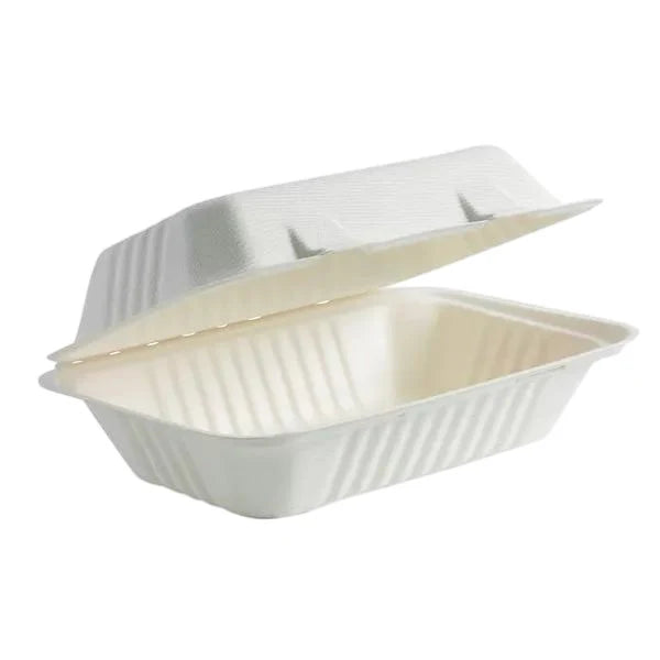 23x15x8cm/9x6x3" White Sugarcane Clamshell 250pcs