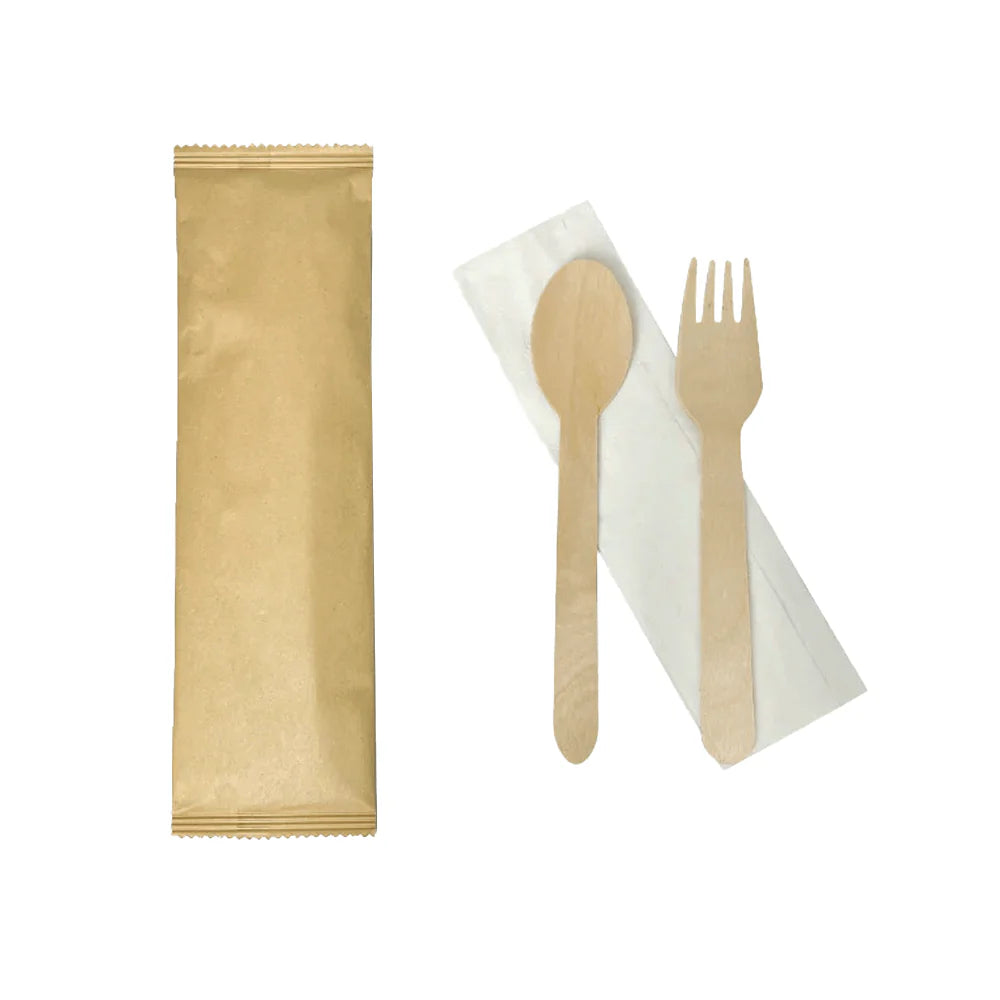 Wooden Fork Spoon & Napkin Set - 100pcs.
